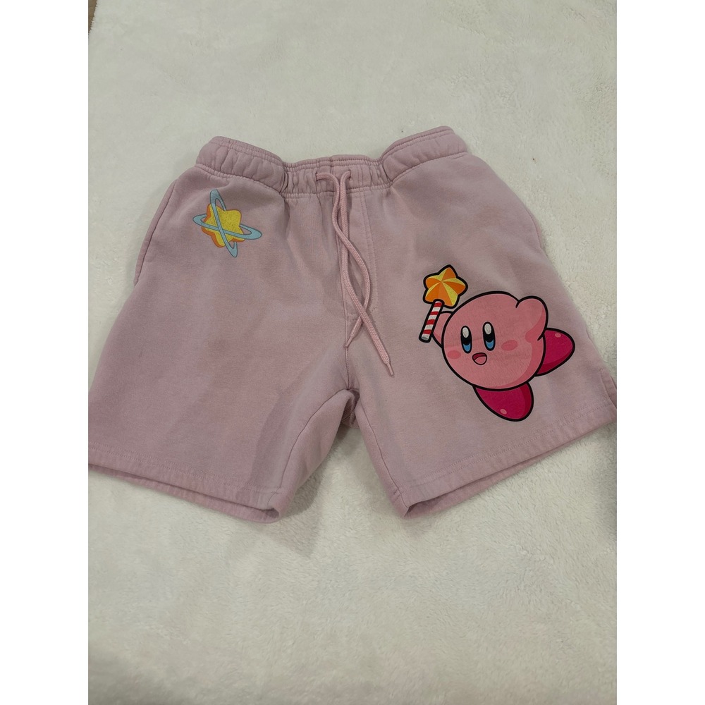 Kirby Nintendo Pink Fleece Sweat Shorts Star Rod Graphic Small Pastel Gaming